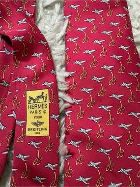 Hermès x Breitling Red Silk Tie with White Plane and Yellow Loop Motif